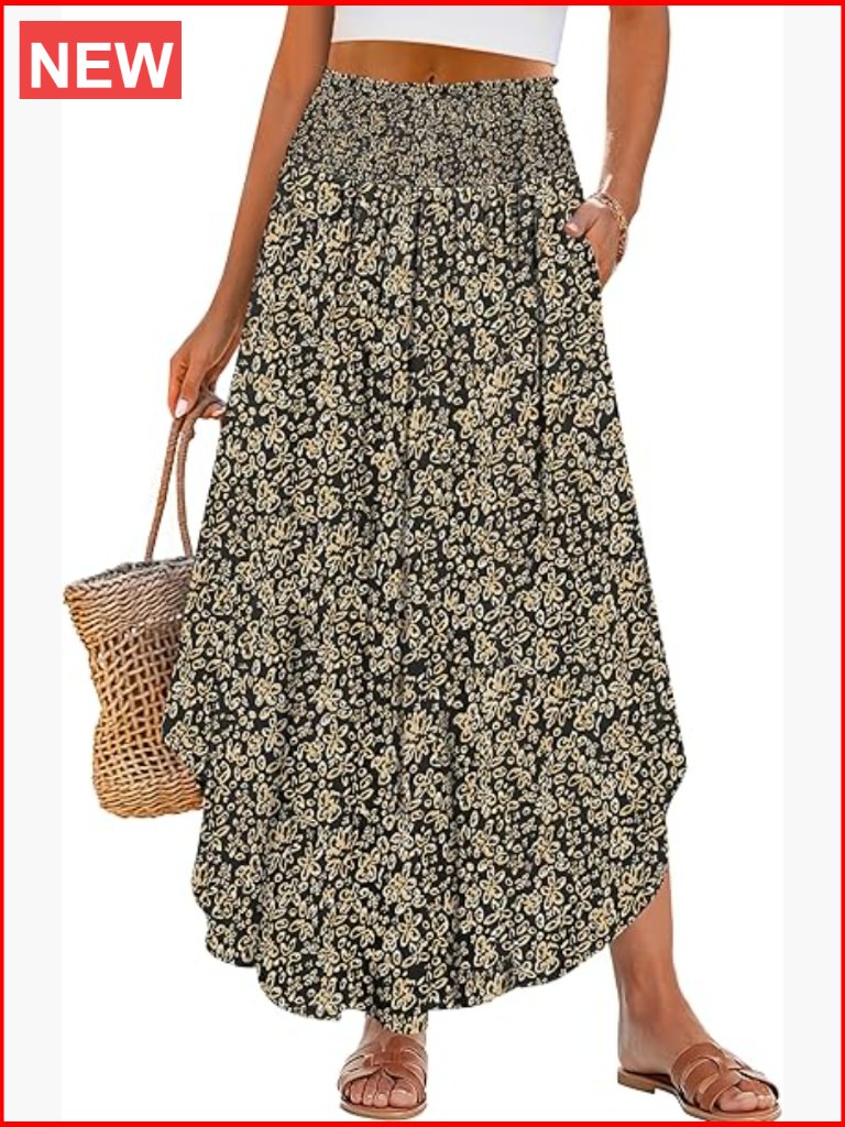 Maxi Skirt With Pockets High Waisted Flowy Pleated Boho
